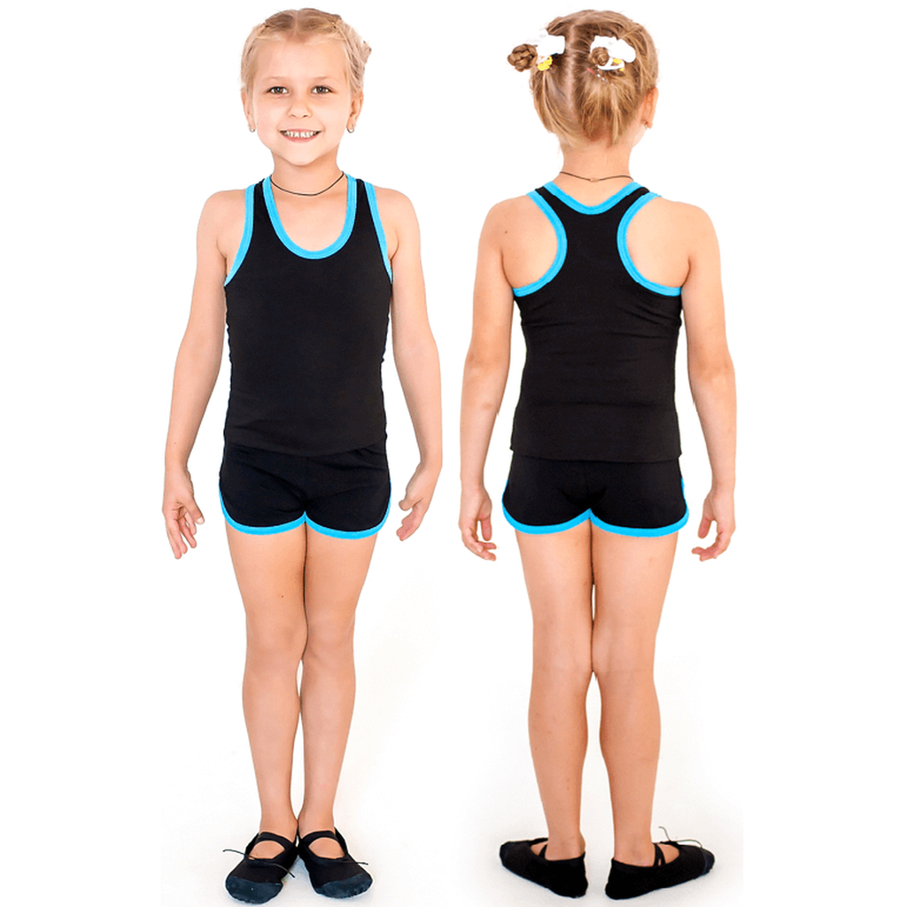 Girls' Gym Shorts with INDIGO Trim, Black-Turquoise