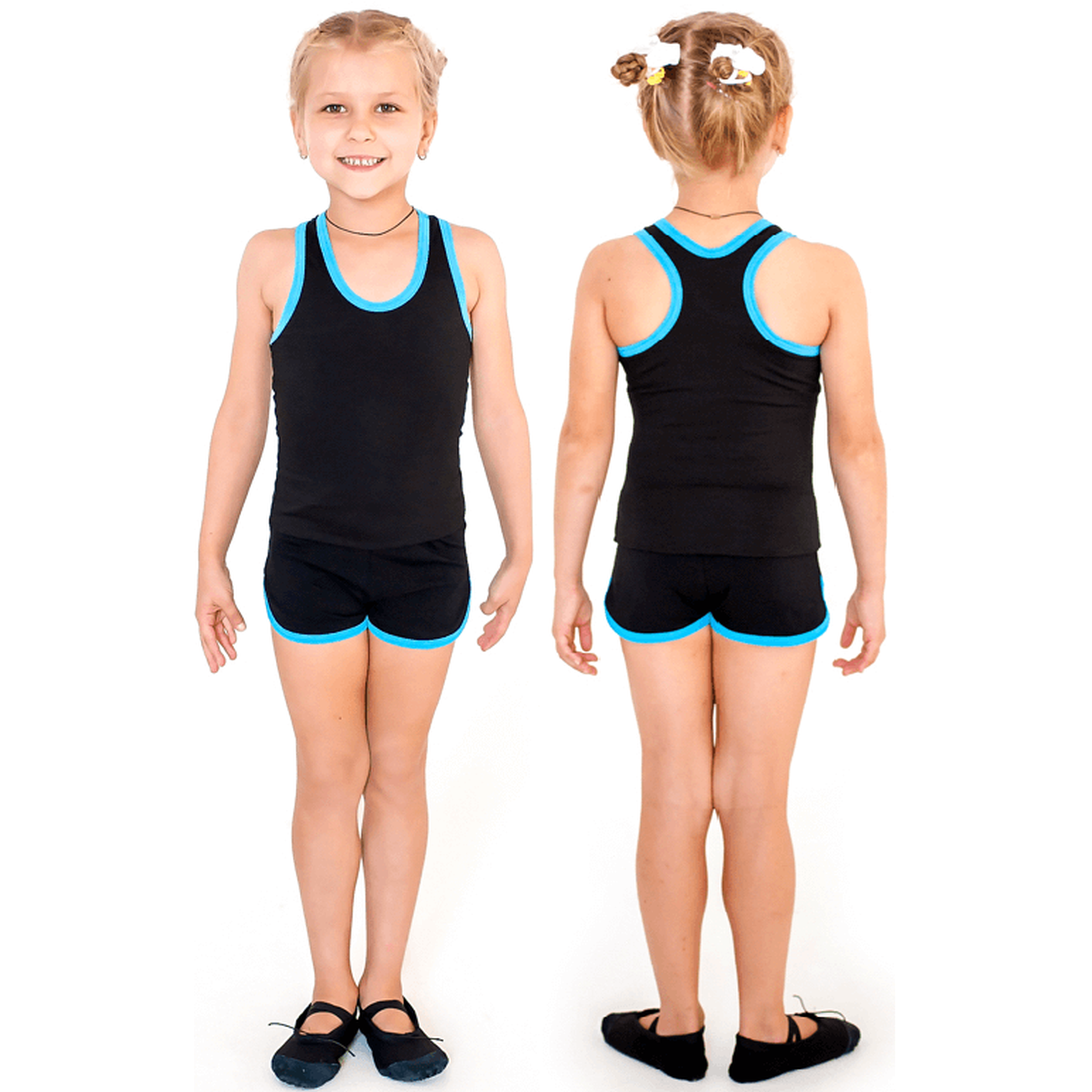 Girls' Gym Shorts with INDIGO Trim, Black-Turquoise