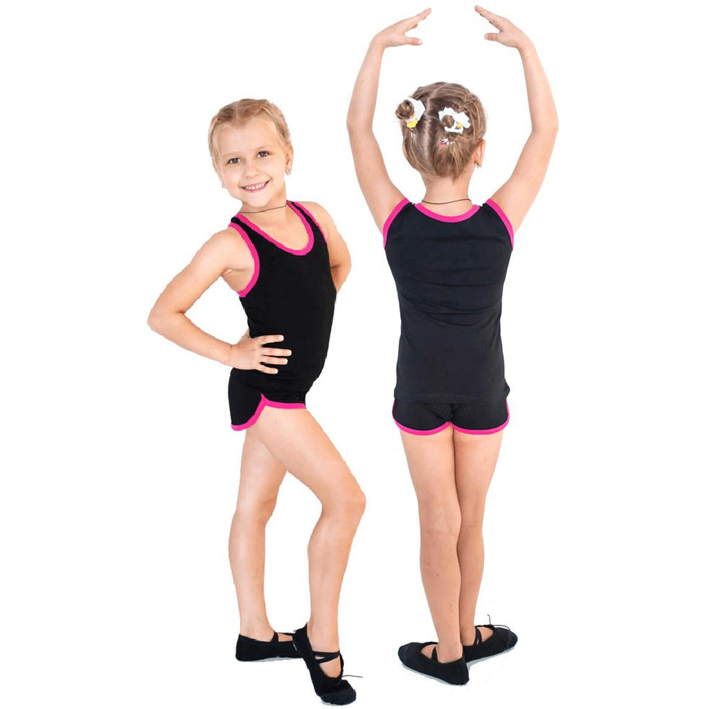 Girls' Gym Shorts with INDIGO Trim, Black-Fuchsia